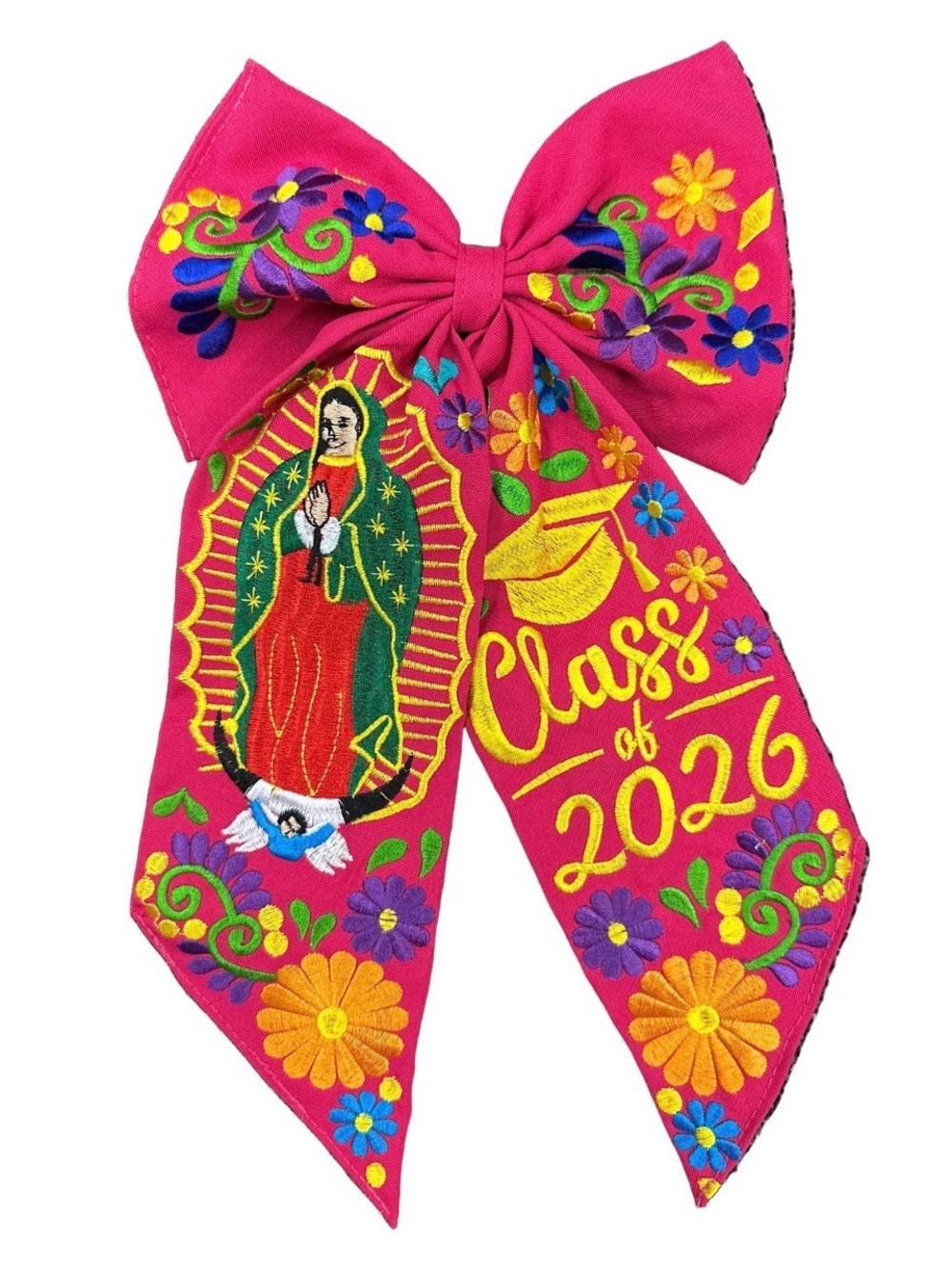 Virgen de Guadalupe Embroidered Hot Pink Graduation Bow - "Class of 2026"